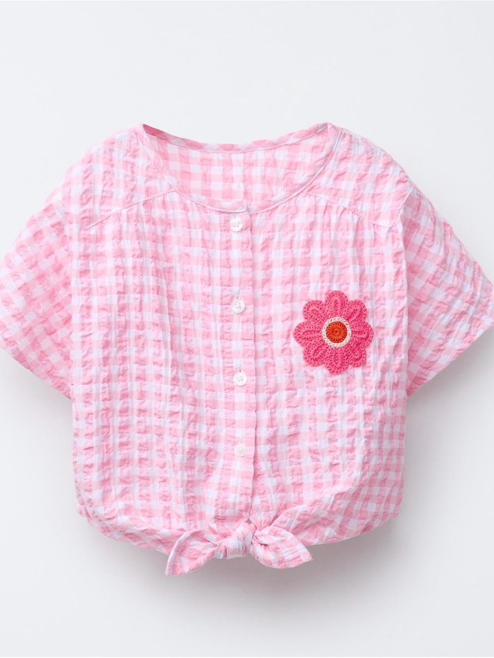 Zara Pink Gingham Button-Front Top with Flower Applique